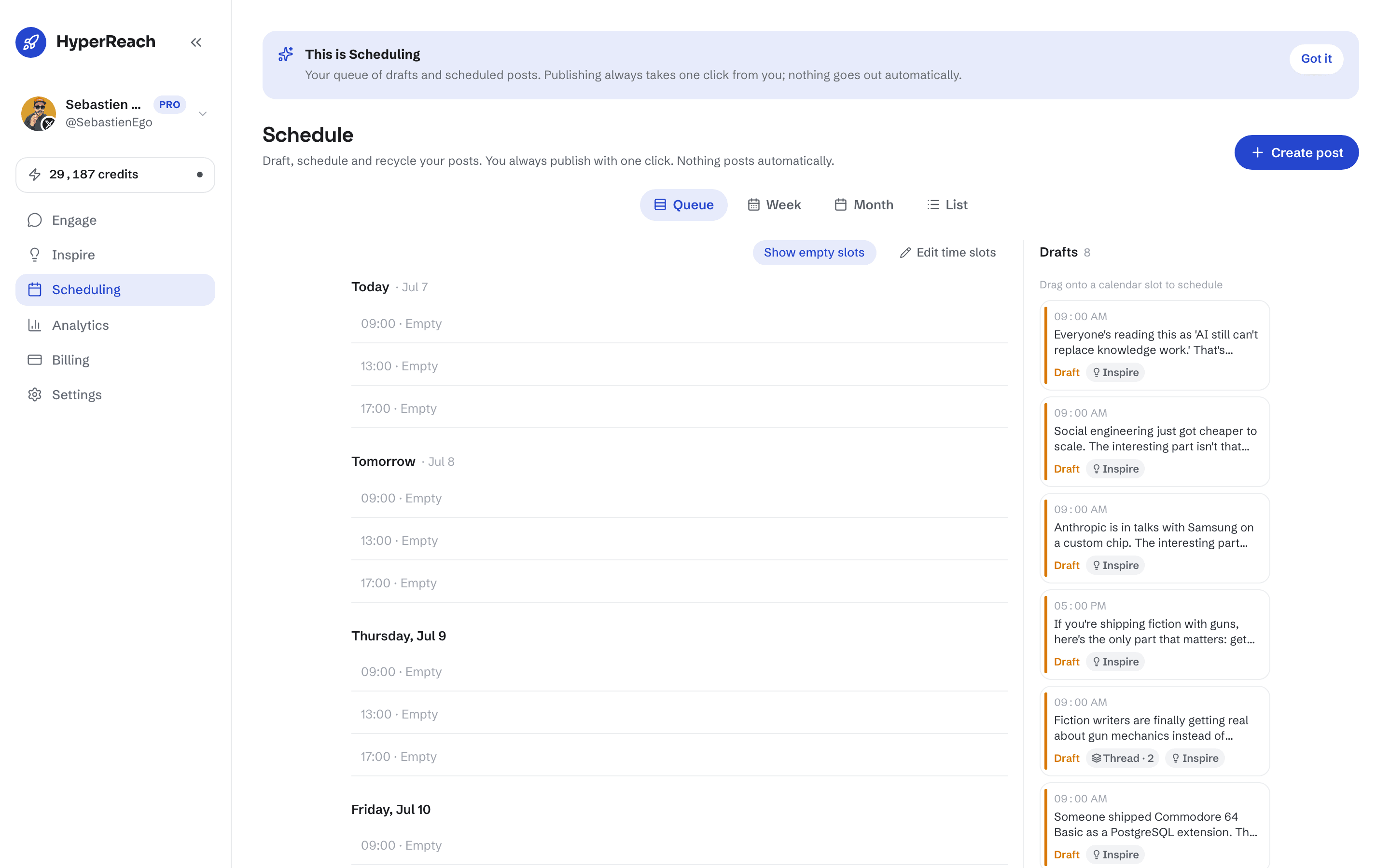 HyperReach Schedule screen: a calendar of upcoming posts across X, LinkedIn, and Threads.