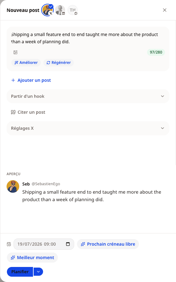 HyperReach Write screen: composing one post for X, LinkedIn, and Reddit at once.